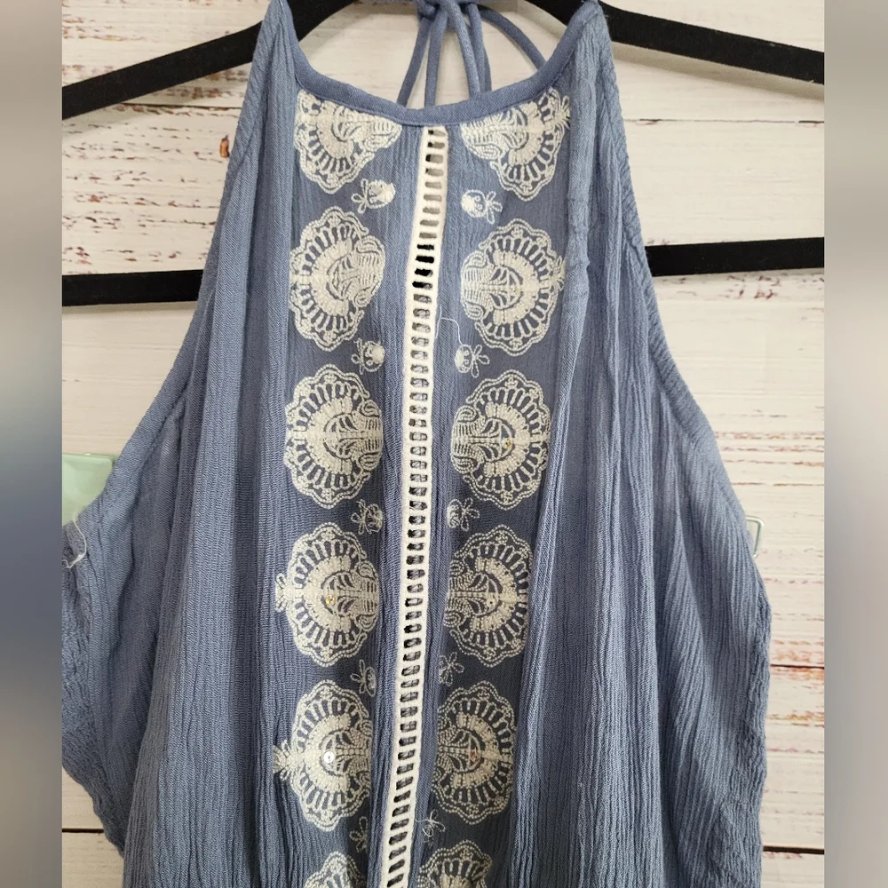 Chelsea & Violet Embroidered Halter Blue Jumpsuit S